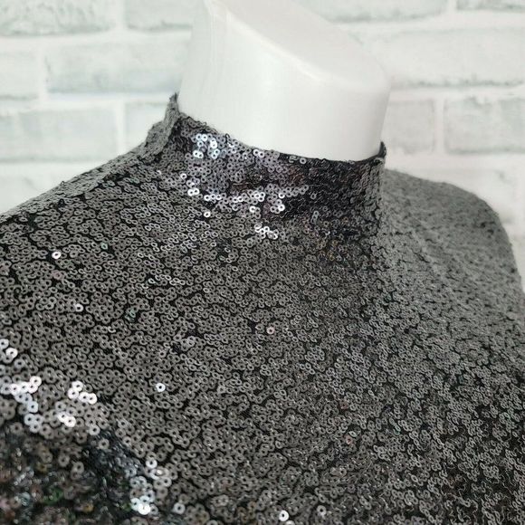 Lane Bryant Plus Size 14‎ Cocktail Party Black Sequin Mock Neck Long Sleeve Top - Picture 3 of 9